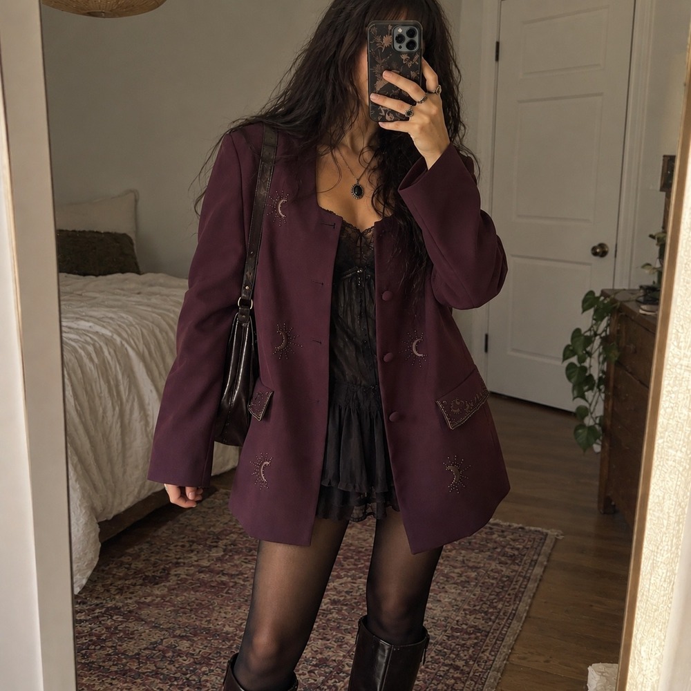 Vintage Celestial Beaded Blazer Womens 14 Purple Whimsigoth Sun Moon Witchy